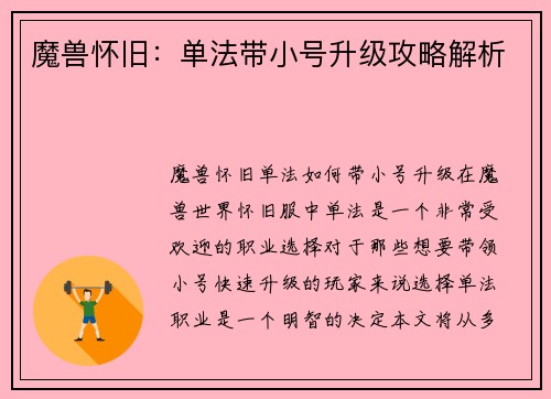 魔兽怀旧：单法带小号升级攻略解析